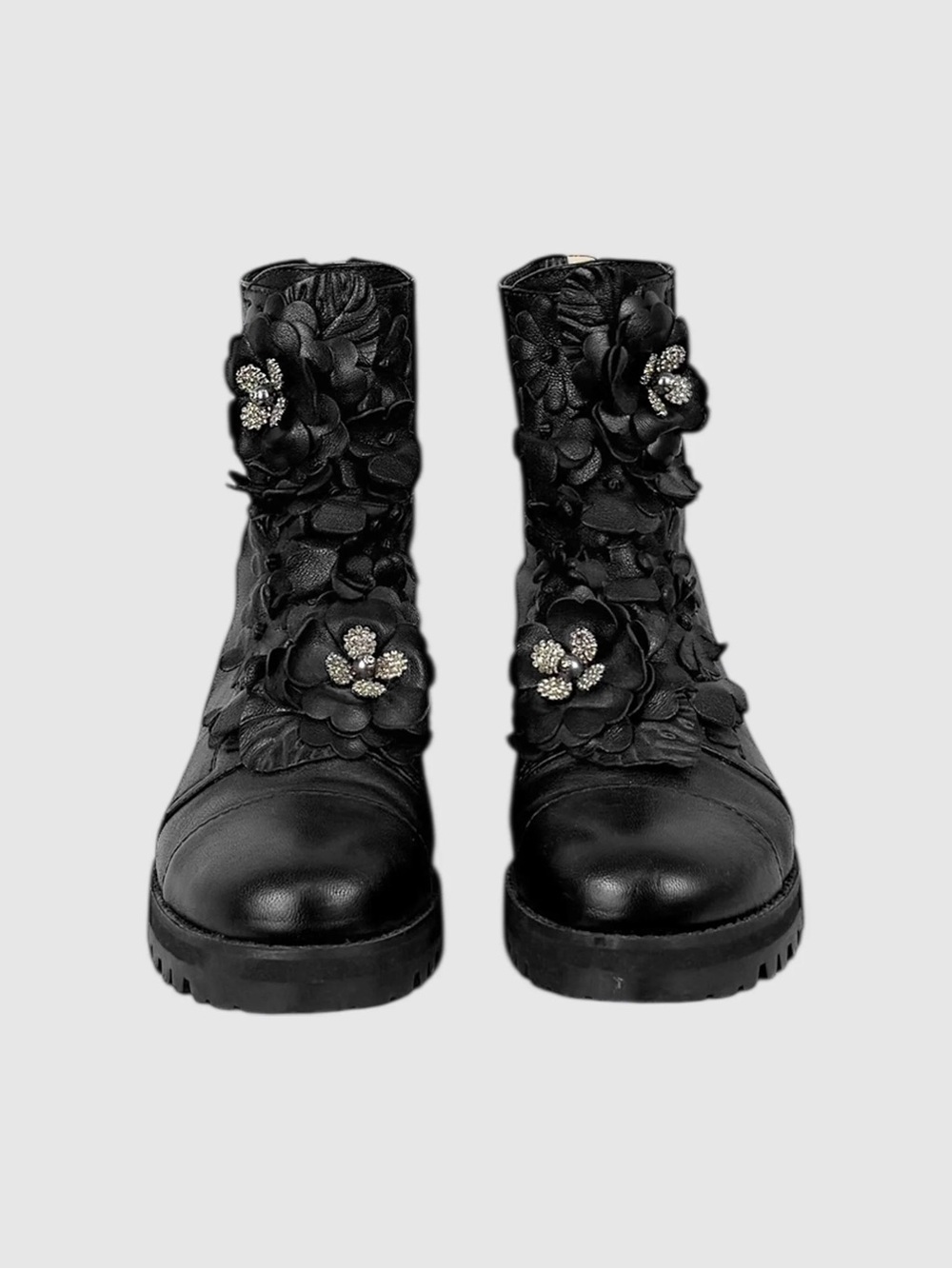Jimmy Choo Havana Black Leather Floral Appliqué Combat Boot